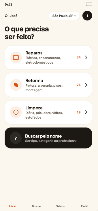 Tela inicial do app Profiza mostrando as categorias Reparos, Reforma e Limpeza e a busca por profissional pelo nome